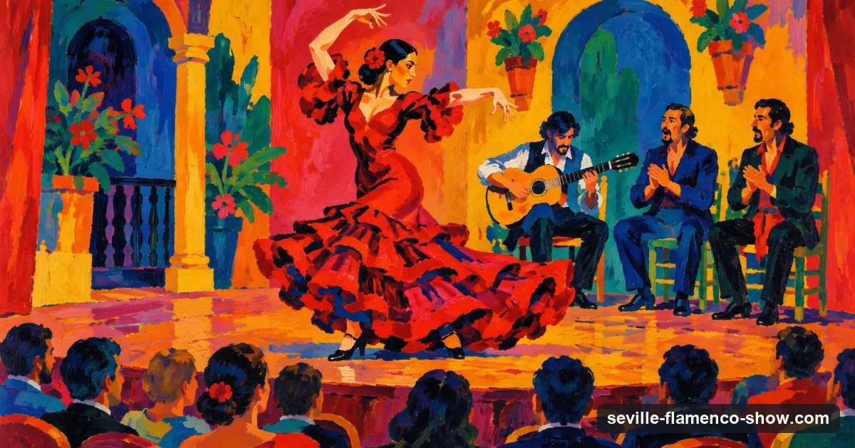 A Fauvist painting of a flamenco dancer on a theatre stage with a guitarist and singers behind her