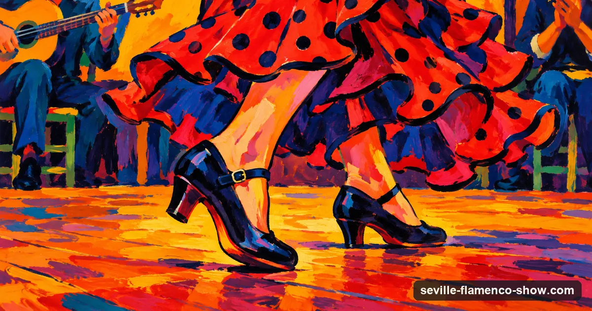 A Fauvist painting of a flamenco dancer's heeled shoes striking a wooden floor