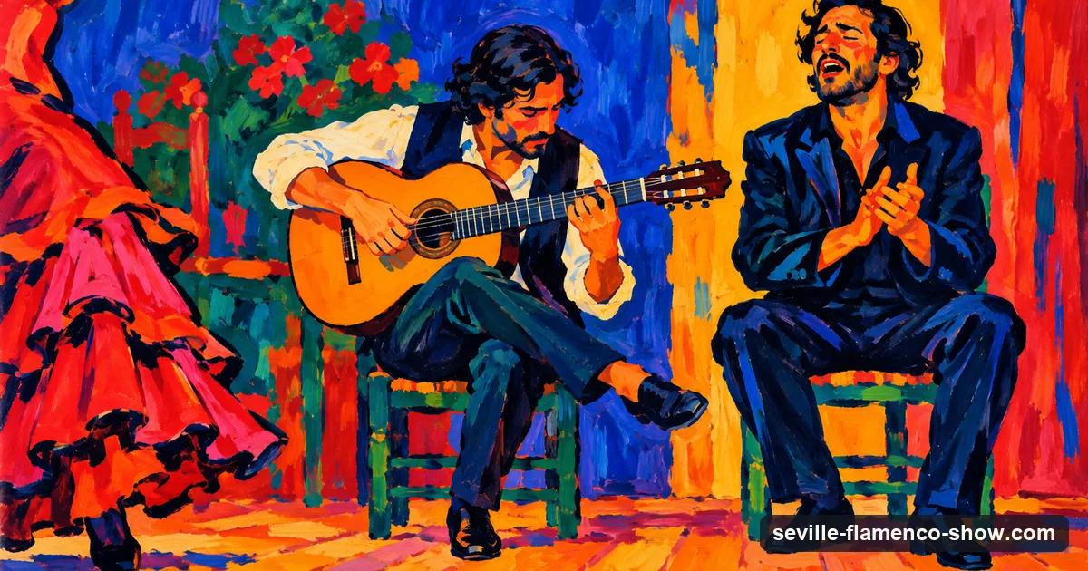 A Fauvist painting of a flamenco guitarist and a singer clapping on a small stage