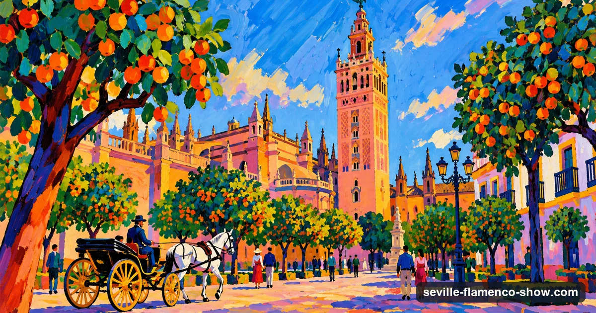 A Fauvist painting of the Giralda tower above orange trees in Seville