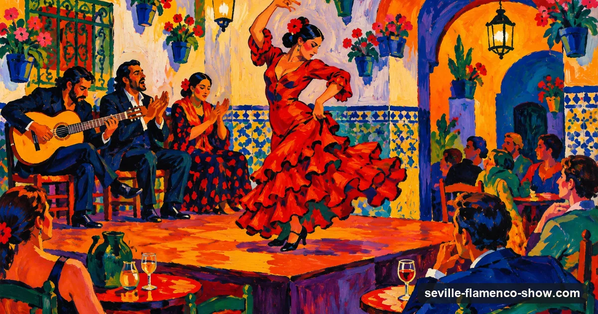 A Fauvist painting of a dancer on the small raised stage of a Seville tablao, close to the tables