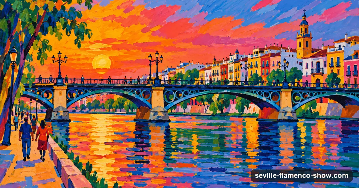A Fauvist painting of the Triana bridge over the Guadalquivir in Seville at sunset